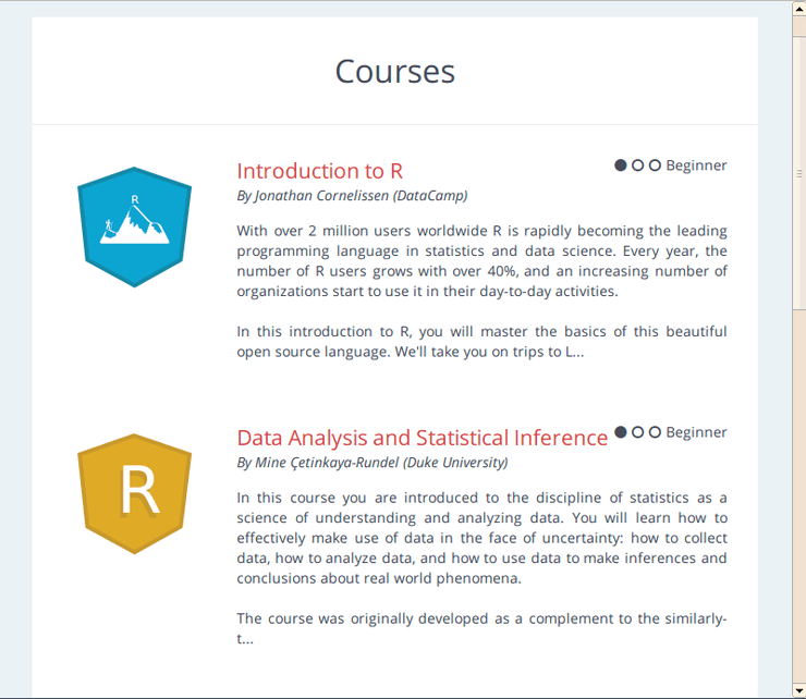 Screenshot of DataCamp courses