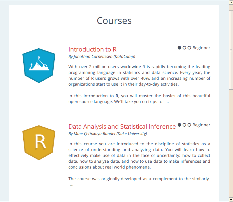 Screenshot of DataCamp courses